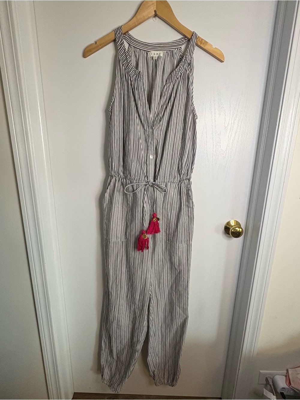 THML Striped Sleeveless Cotton Jumpsuit Sz M Drawstring Waist Pockets Tassels